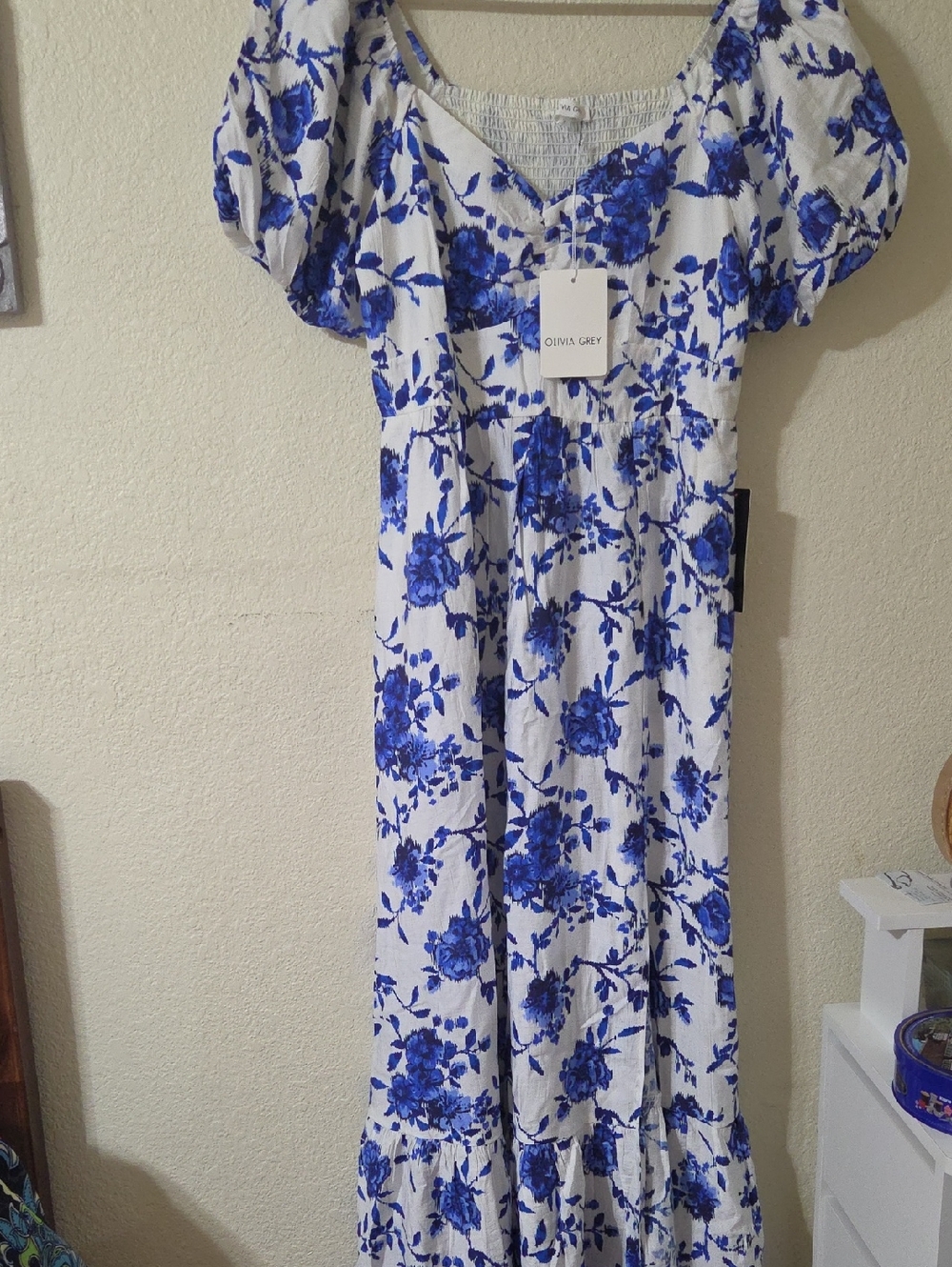 Olivia Grey White Maxi Dress with Blue Floral Print